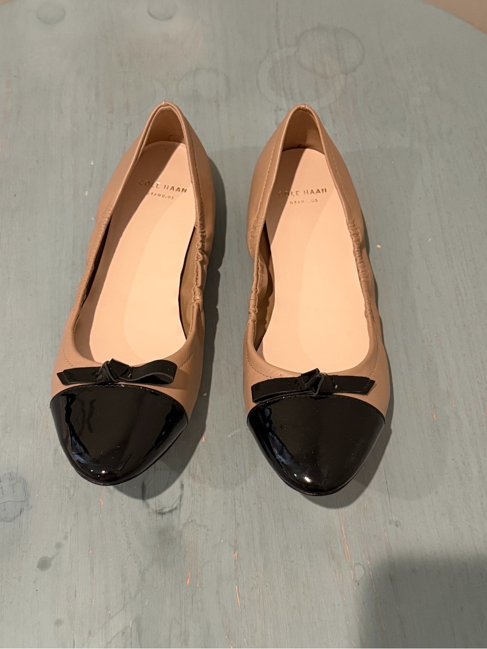 Cole Haan Two-Tone Beige and Black Cap-Toe Ballet Flats